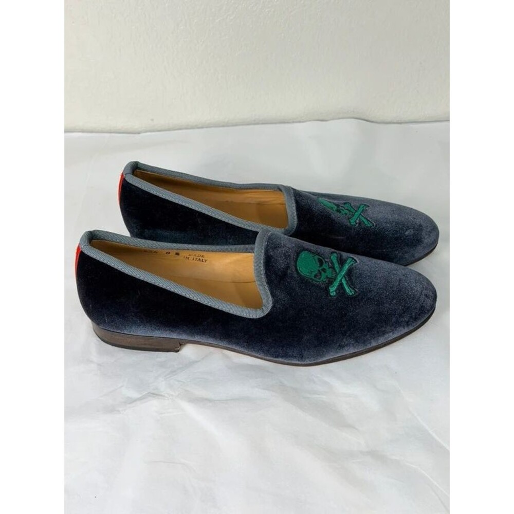 Del Toro Velvet Skull Crossbones Slipper Men Size 8.5 Grey Green Made In Italy
